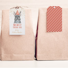 Fransk Bulldog med Party Hat Red Gift-Märkre Presentetikett