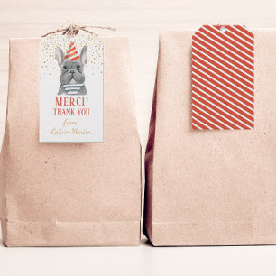 Fransk Bulldog med Party Hat Red Gift-Märkre Presentetikett