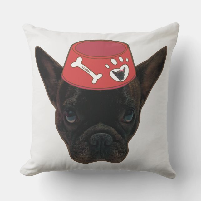Fransk Bulldog med Red Bowl Kudde (Framsida)