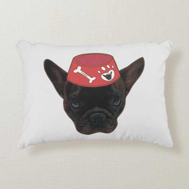 Fransk Bulldog med Red Bowl Prydnadskudde (Framsidan)