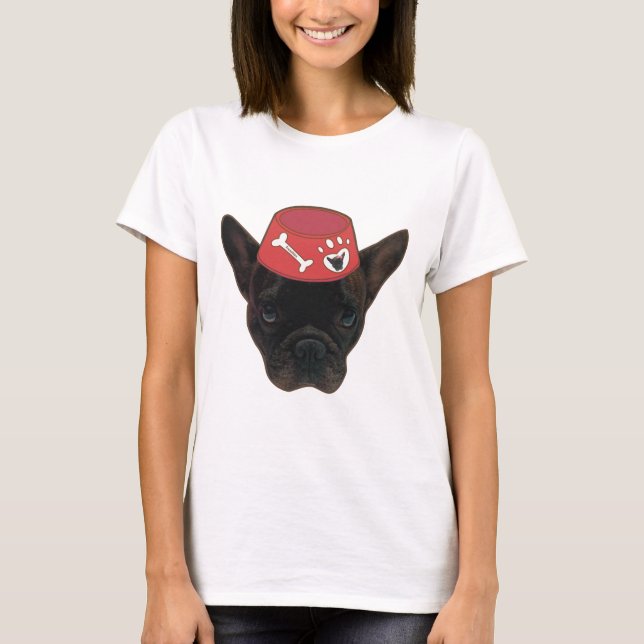 Fransk Bulldog med Red Bowl T Shirt (Framsida)