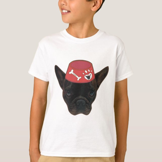 Fransk Bulldog med Red Bowl T Shirt (Framsida)