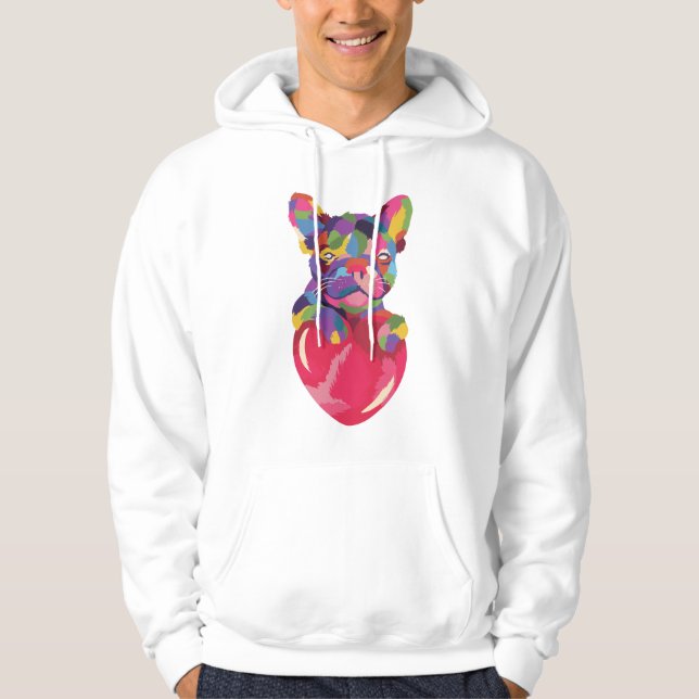 Fransk Bulldog med röd hjärtfärg Hoodie (Framsida)