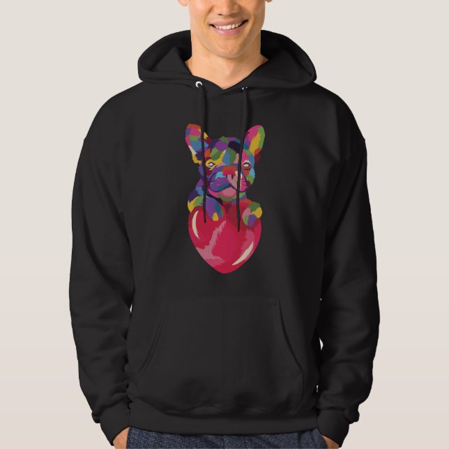 Fransk Bulldog med röd hjärtfärg Hoodie (Framsida)