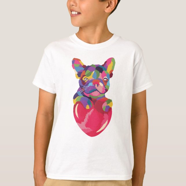 Fransk Bulldog med röd hjärtfärg T Shirt (Framsida)