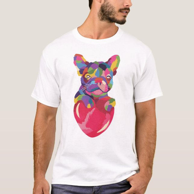 Fransk Bulldog med röd hjärtfärg T Shirt (Framsida)