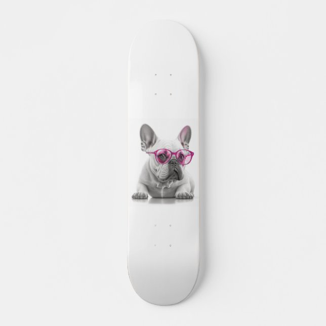 Fransk Bulldog med rosa glas Skateboard (Framsida)