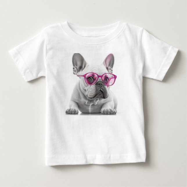 Fransk Bulldog med rosa glasögon Baby Bra Tshirt T Shirt (Framsida)