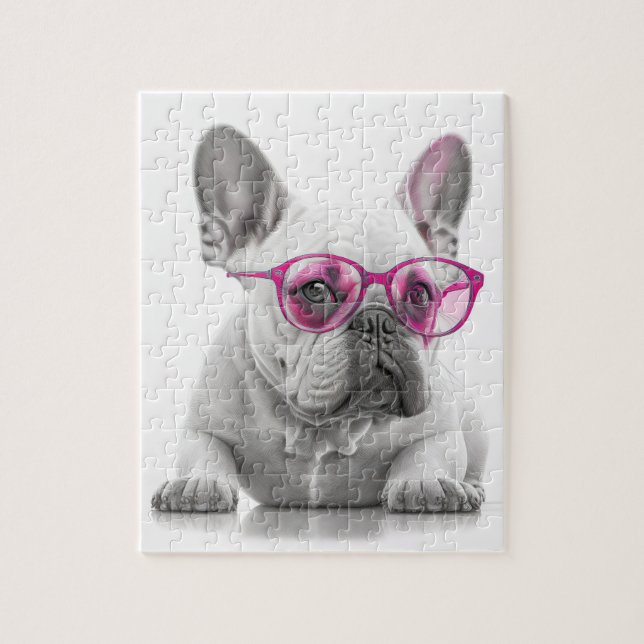 Fransk Bulldog med rosa glassåg pussel (Vertikal)