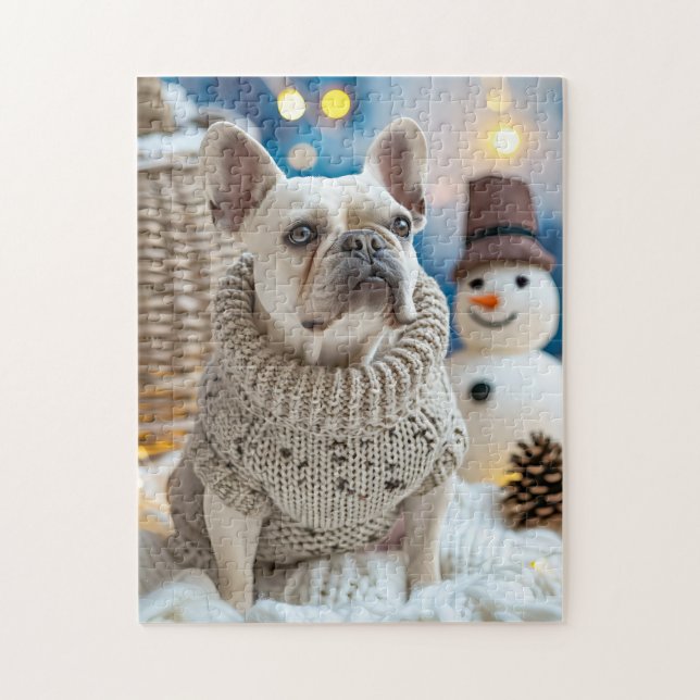 Fransk Bulldog med Snömannen Jul Pussel (Vertikal)