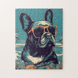 Fransk Bulldog med solglasögon på tropisk strand Pussel