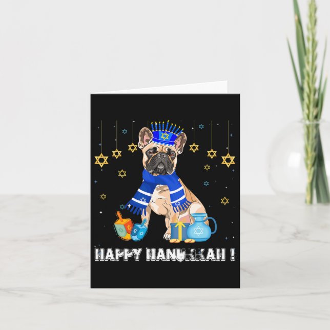 Fransk Bulldog Menorah Hat Lycklig Chanukah Hanukk Kort (Framsida)