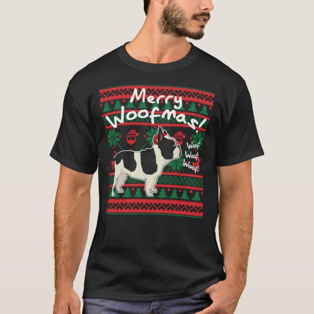 Fransk Bulldog Merry Woofmas, Ugly Jul Sweat T Shirt (Framsida)