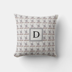 Fransk Bulldog Mönster Grått med Monogram Kudde