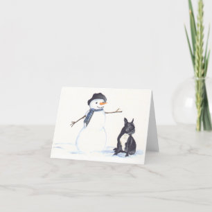 Fransk Bulldog och Snögubbe Hund Art Notecard Helgkort