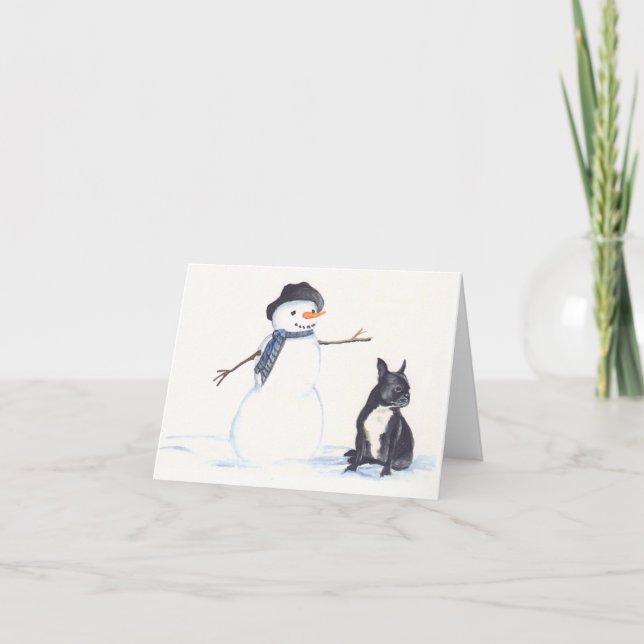 Fransk Bulldog och Snögubbe Hund Art Notecard Helgkort (Framsida)