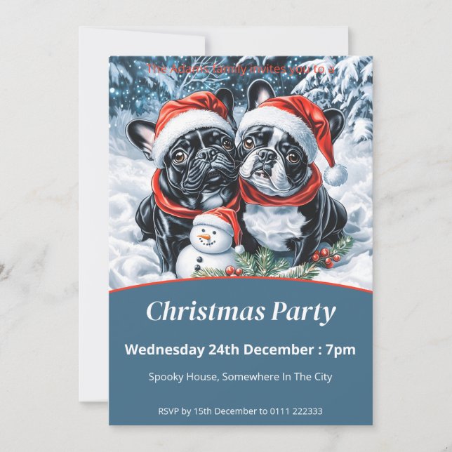 Fransk Bulldog och Snögubbe jul Party Inbjudningar (Framsida)