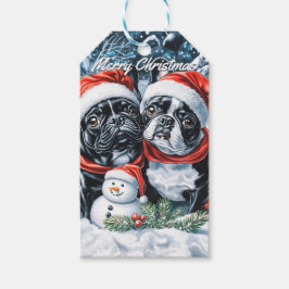 Fransk Bulldog och Snögubbe jul Presentetikett