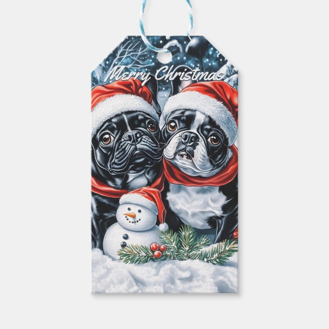 Fransk Bulldog och Snögubbe jul Presentetikett (Framsidan)