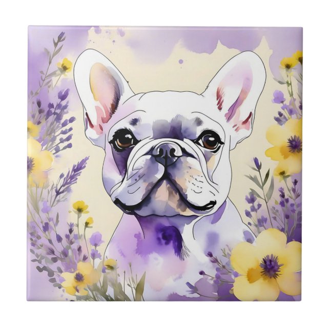 Fransk Bulldog och Wildblommor Kakelplatta (Framsidan)