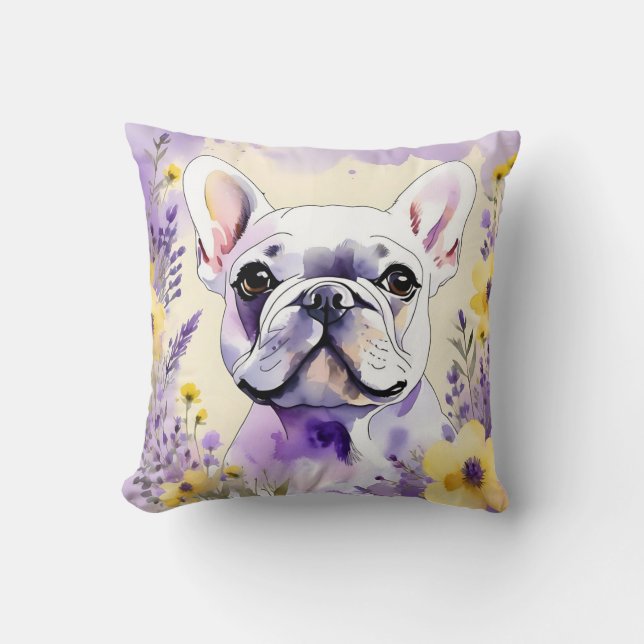 Fransk Bulldog och Wildblommor Kudde (Framsida)