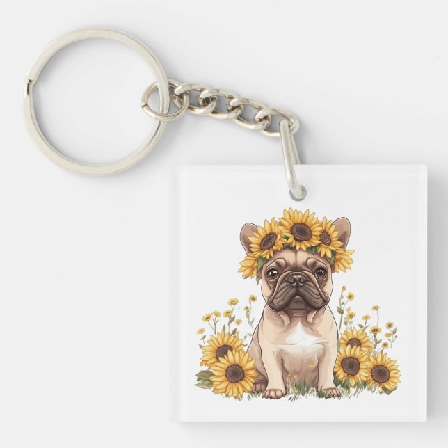 Fransk Bulldog omringad av solblommor (Framsidan)