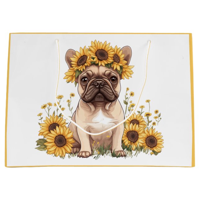 Fransk Bulldog omringad av solblommor (Framsidan)