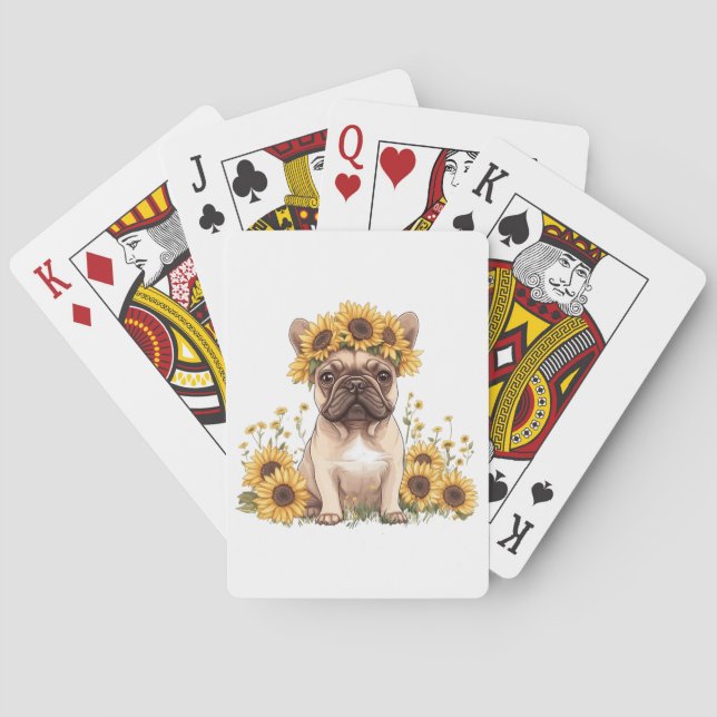 Fransk Bulldog omringad av solblommor Casinokort (Baksidan)