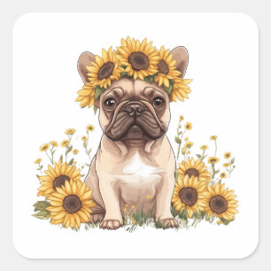 Fransk Bulldog omringad av solblommor Fyrkantigt Klistermärke