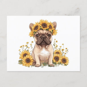 Fransk Bulldog omringad av solblommor Helg Vykort