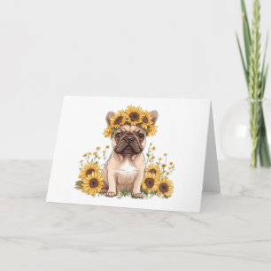 Fransk Bulldog omringad av solblommor Kort
