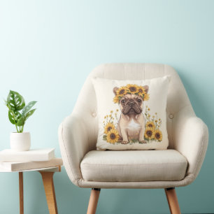 Fransk Bulldog omringad av solblommor Kudde