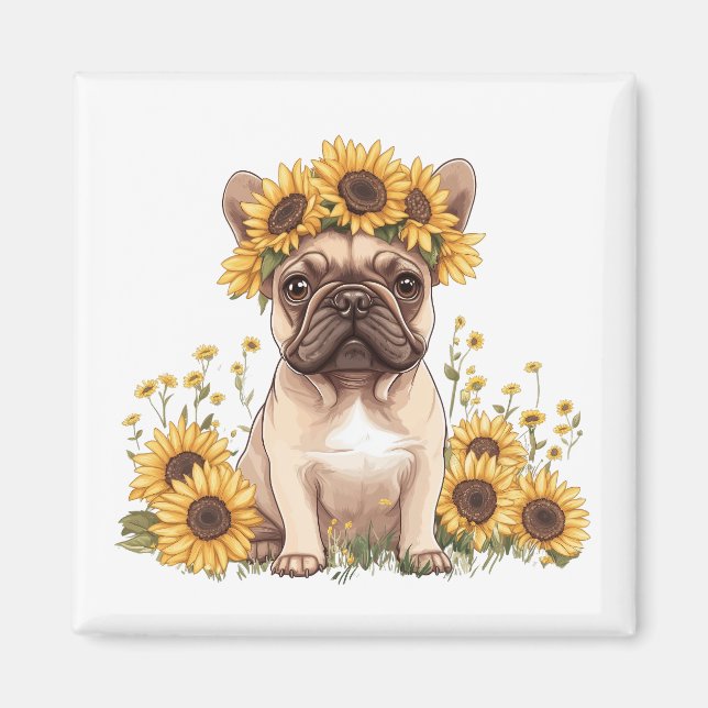 Fransk Bulldog omringad av solblommor Magnet (Framsidan)