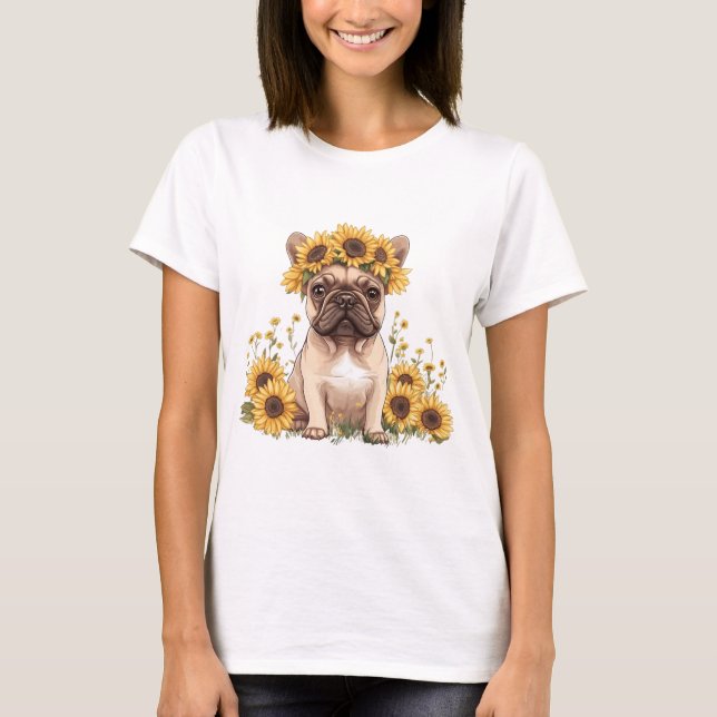 Fransk Bulldog omringad av solblommor T Shirt (Framsida)