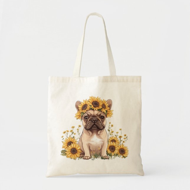 Fransk Bulldog omringad av solblommor Tygkasse (Framsidan)