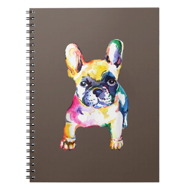 Fransk Bulldog Original Watercolor Teckning Gift Anteckningsbok (Framsidan)