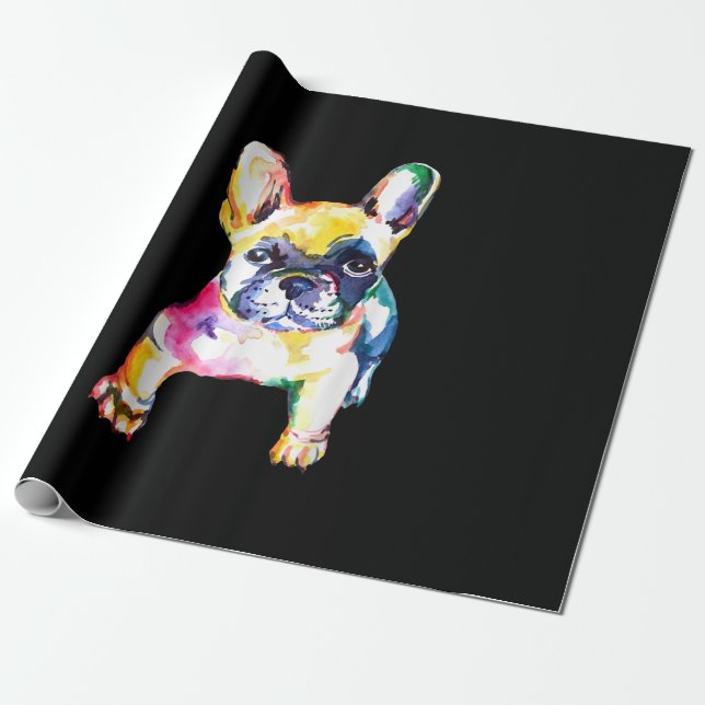 Fransk Bulldog Original Watercolor Teckning Gift Presentpapper (Utrullad)