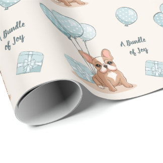 Fransk Bulldog på ballong blå pojke babyfirande Presentpapper