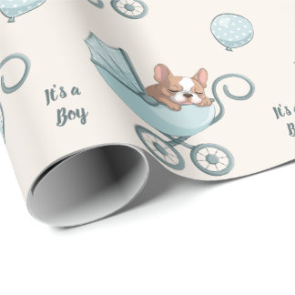 Fransk Bulldog på barnvagn Blå Pojke Bebis Shower Presentpapper