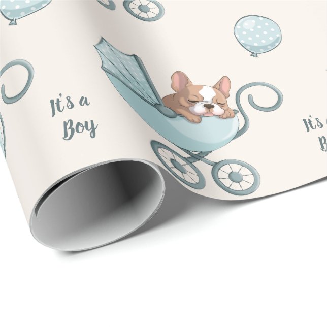 Fransk Bulldog på barnvagn Blå Pojke Bebis Shower Presentpapper (Rullad Hörn)