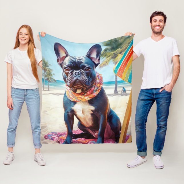 Fransk Bulldog på Beach, sommargåva till hund älsk Fleecefilt (På plats)