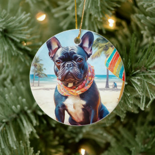 Fransk Bulldog på Beach, sommargåva till hund älsk Julgransprydnad Keramik