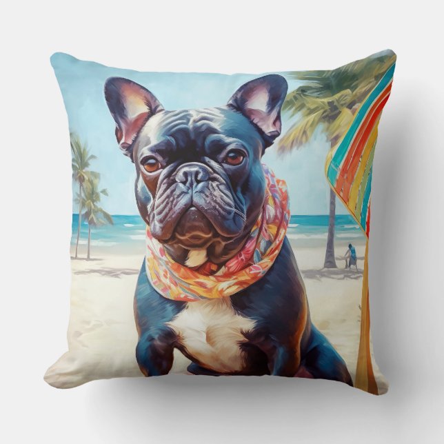 Fransk Bulldog på Beach, sommargåva till hund älsk Kudde (Framsida)