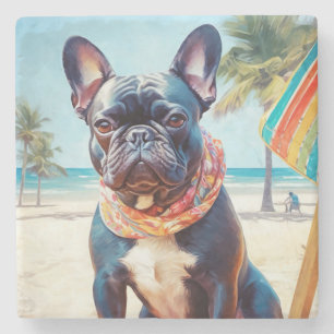 Fransk Bulldog på Beach, sommargåva till hund älsk Stenunderlägg