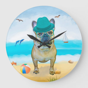 Fransk Bulldog på Beach Stor Klocka