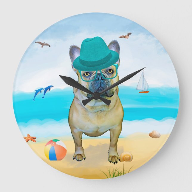 Fransk Bulldog på Beach Stor Klocka (Framsida)