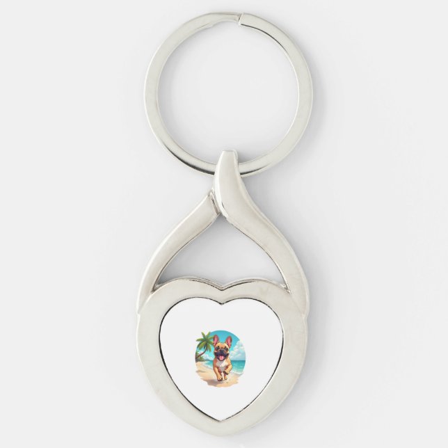 Fransk Bulldog på en Beach Twisted Heart Silverfärgad Nyckelring (Framsidan)