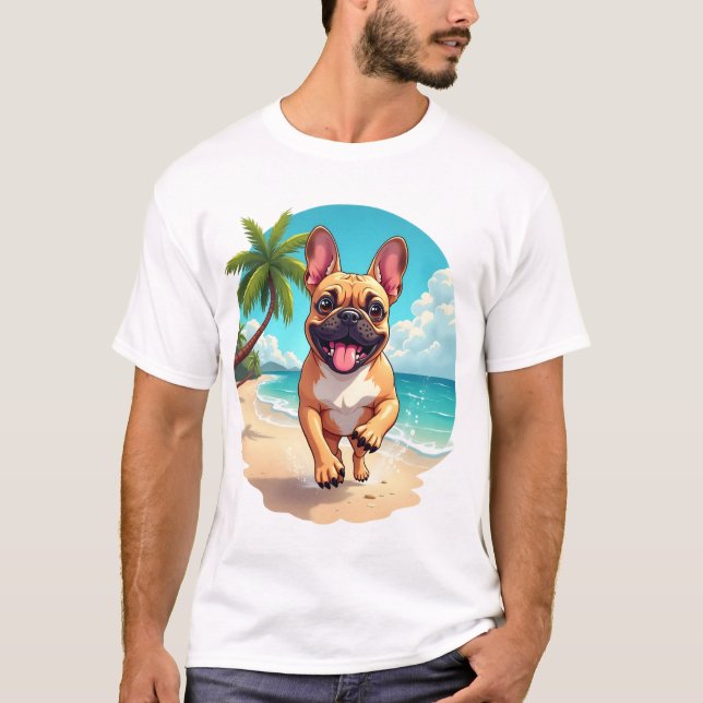 Fransk Bulldog på en Strand T Shirt (Framsida)