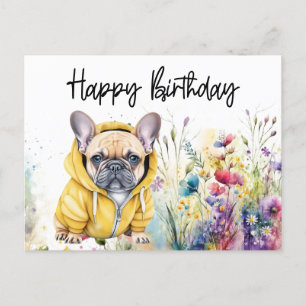 Fransk Bulldog på Födelsedagsfält med Blommor Vykort