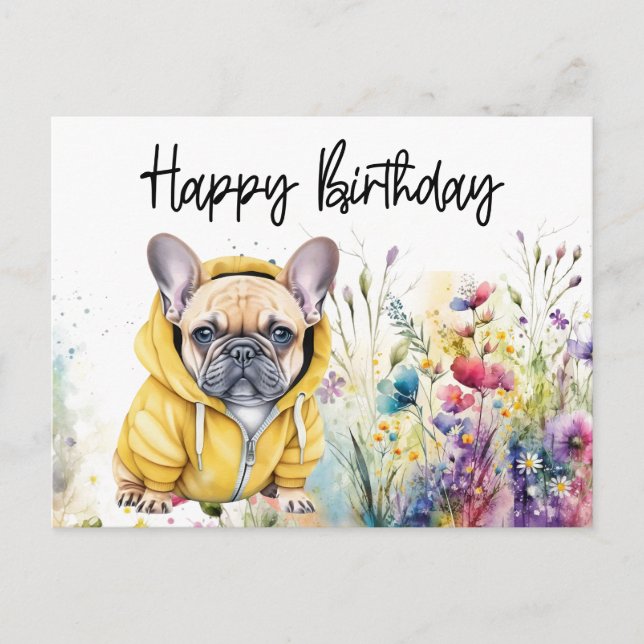 Fransk Bulldog på Födelsedagsfält med Blommor Vykort (Framsida)
